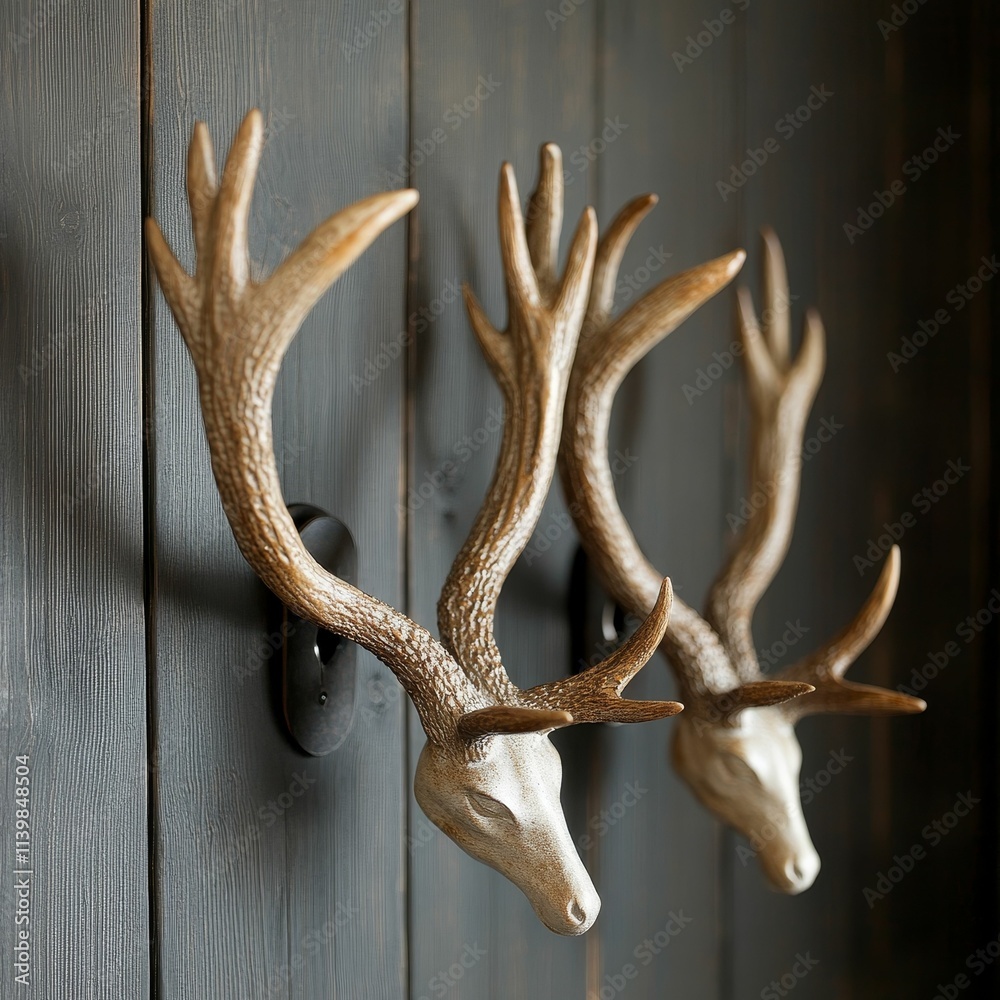 Naklejka premium Two deer head wall mounts on dark wood.