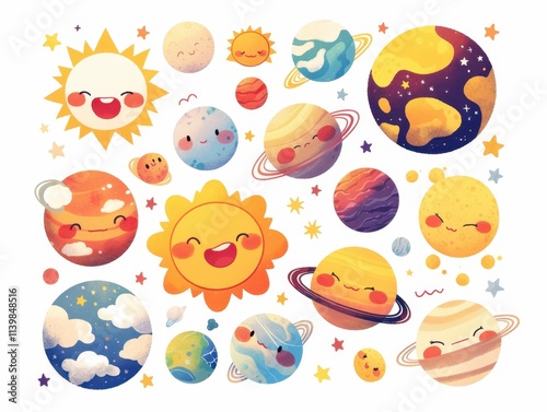 Colorful cartoon planets and sun with cheerful faces in a playful space theme.