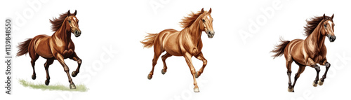 set of beautiful brown horse running, vector illustration on a white background