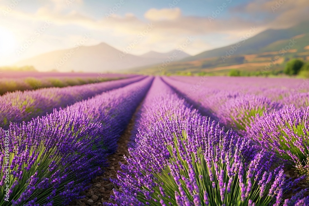 Obraz premium Vast Lavender Fields with Cascading Purple Blossoms in Dreamy Countryside Landscape