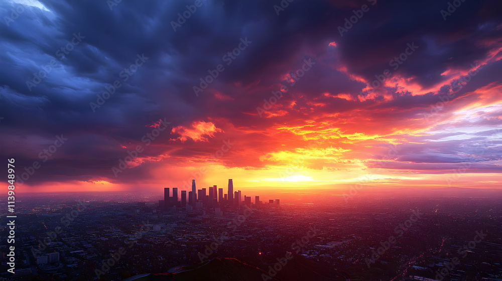 Fototapeta premium Fiery Sunset Cityscape Illustration