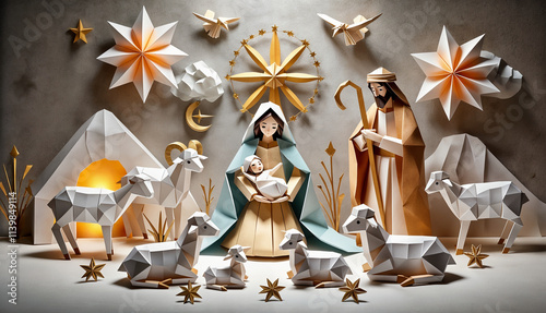 A paper-crafted nativity scene with folded figures of Mary, Joseph, baby Jesus, and animals, surrounded by geometric stars and glowing elements