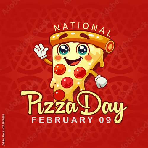 National Pizza Day. Cartoon slice of pizza with smiling face and waving hand. Vector Illustration