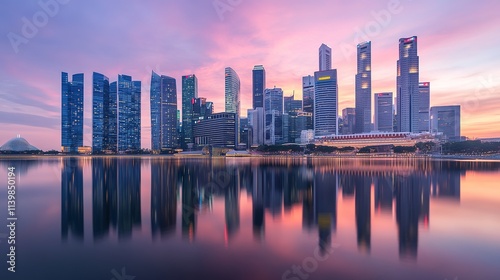 Twilight cityscape with reflection in water