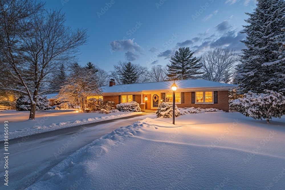 Winter night suburban home with Christmas wreath on front door, snow-covered yard, street lights, and warm glow from lamppost illuminating driveway. Clear sky, trees, and festive atmosphere. Winter night suburban home with Christmas wreath on front door, snow-covered yard, street lights, and warm glow from lamppost illuminating driveway. Clear sky, trees, and festive atmosphere.