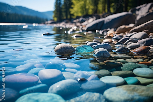 tranquil and harmonious ambiance created by gentle lapping of water against rocks instills a profound sense of serenity and tranquility photo