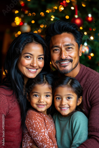 A family posing for a picture in front of a Christmas tree