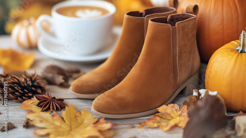 Ankle boots with coffee and autumn decorations photo