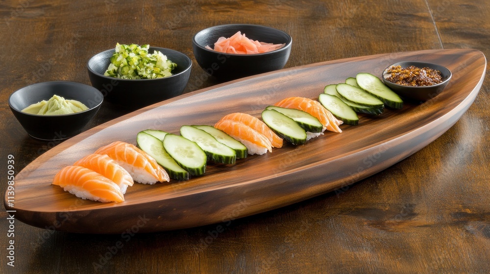 Wooden platter with sushi and assorted sauces. Wooden platter with sushi and assorted sauces.