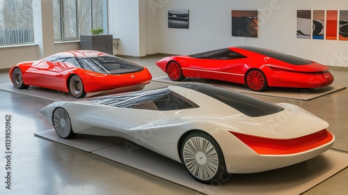 Modern cars elegantly arranged in an industrial showroom, showcasing sleek designs and advanced technology, embodying innovation and automotive excellence.