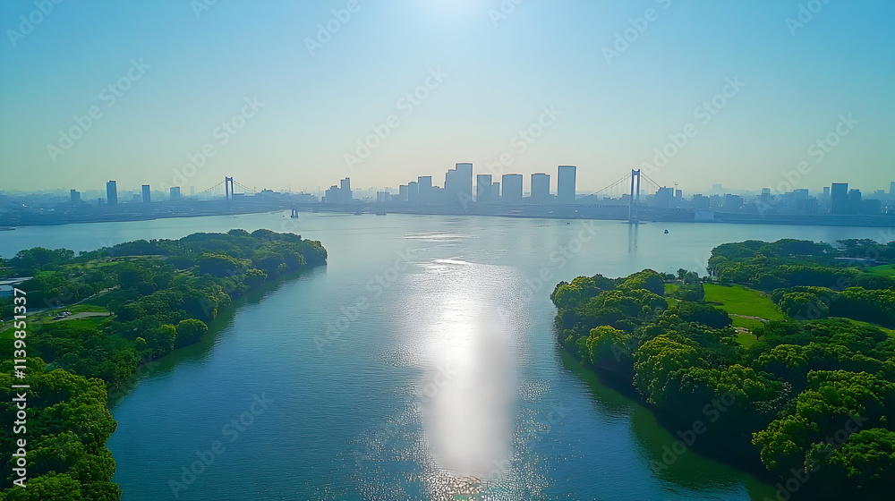 Naklejka premium Aerial View Cityscape Sunrise Illustration