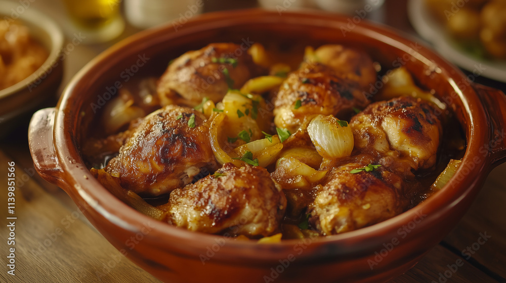 Yassa chicken in a clay pot with onions and fresh herbs Yassa chicken in a clay pot with onions and fresh herbs