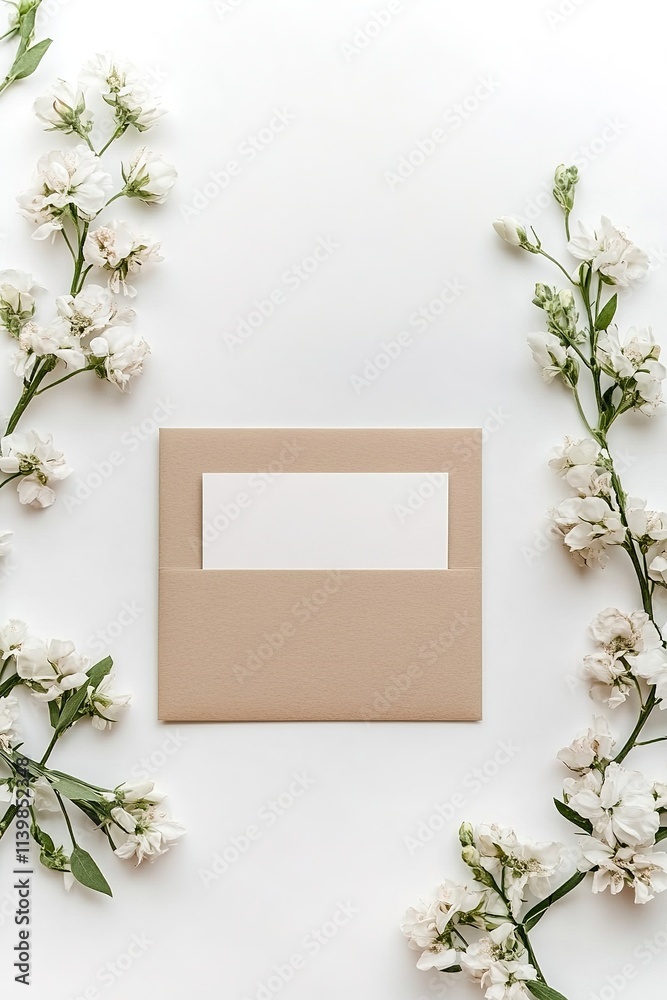 Minimalist layout with flowers and frame on white background Minimalist layout with flowers and frame on white background