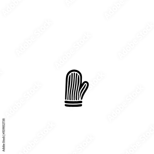 A mitten` icon with a rounded shape, thumb and a cuff. The mitten is filled with lines to represent the knit texture.