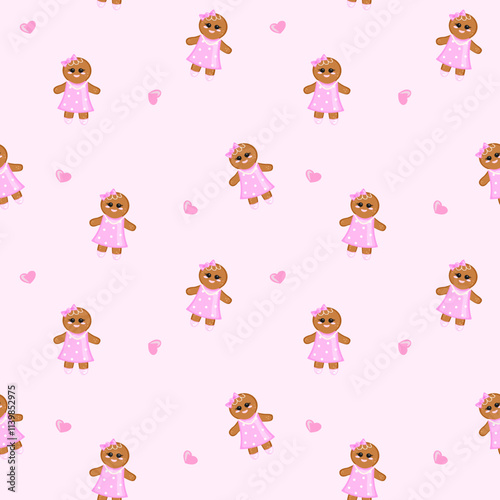 This seamless pattern features cute gingerbread girls in pink polka dot dresses and bows, set against a soft pink background with scattered heart accents. Perfect for festive or sweet-themed designs.