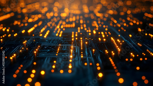 Abstract 3D Circuit Board Background with Glowing Orange Nodes