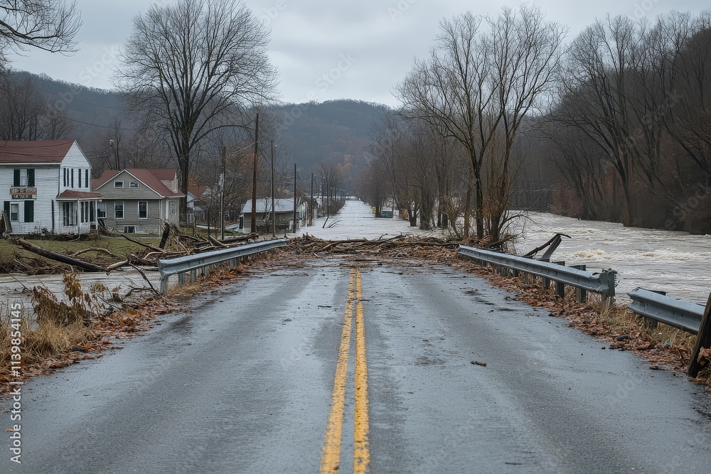 Flood-damaged road in West Virginia with broken guardrail, fallen trees, and overflowing river, showcasing destruction from a natural disaster.