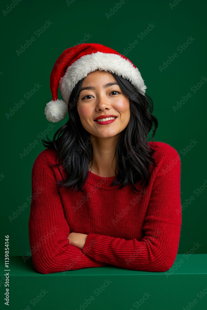 A woman wearing a red sweater and a santa hat A woman wearing a red sweater and a santa hat