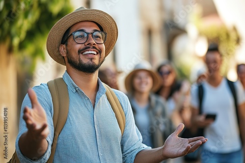 Smiling man in hat gesticulating with friends behind.