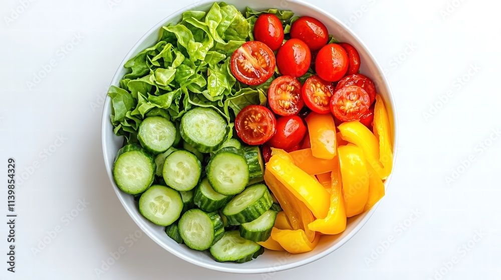 A vibrant fresh salad bowl showcasing an array of ingredients such as crisp romaine lettuce, juicy cherry tomatoes, crunchy cucumbers, and colorful bell peppers, all artfully arranged. The bowl is