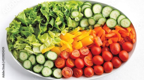 A vibrant fresh salad bowl showcasing an array of ingredients such as crisp romaine lettuce, juicy cherry tomatoes, crunchy cucumbers, and colorful bell peppers, all artfully arranged. The bowl is