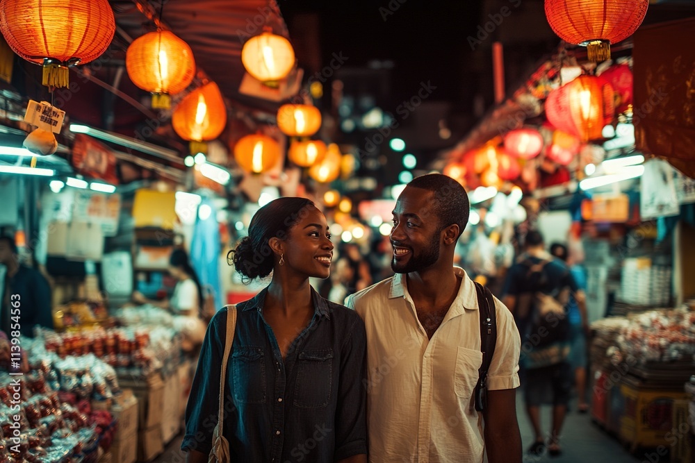 Couple walks in night market under lanterns, cheerful mood