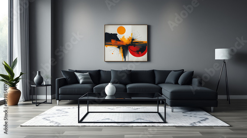 Modern Living Room with Abstract Art:  A stylish sectional sofa anchors a sophisticated living room, complemented by a striking abstract painting and minimalist decor. photo