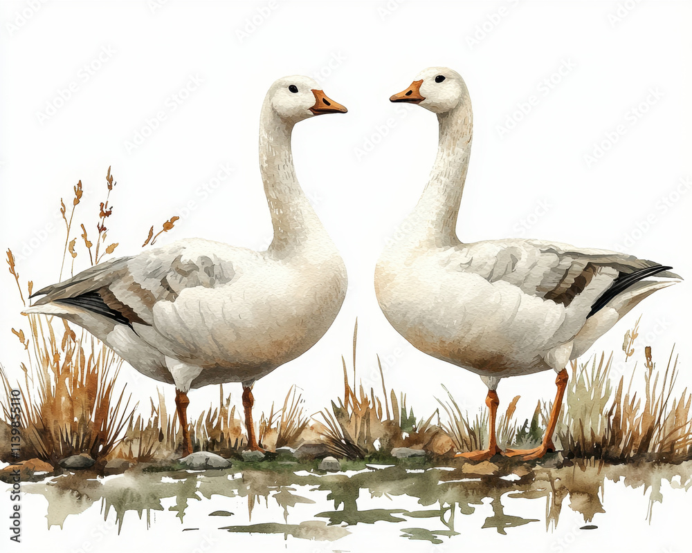 Delicate watercolor painting of two graceful geese standing by a calm pond, surrounded by autumnal grass. Perfect for nature and wildlife enthusiasts, highlighting serene outdoor beauty. Delicate watercolor painting of two graceful geese standing by a calm pond, surrounded by autumnal grass. Perfect for nature and wildlife enthusiasts, highlighting serene outdoor beauty.