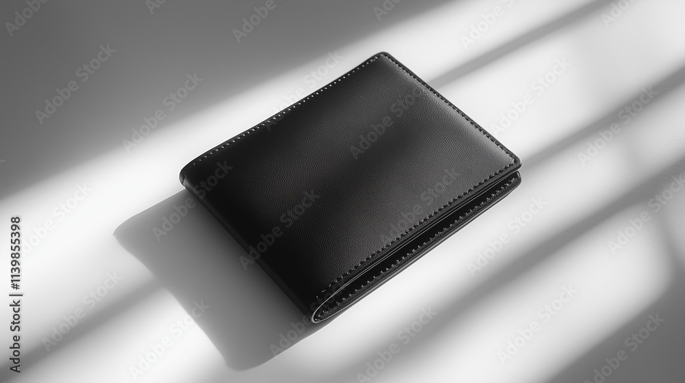 Close-up of black leather wallet on clean surface with soft lighting Close-up of black leather wallet on clean surface with soft lighting