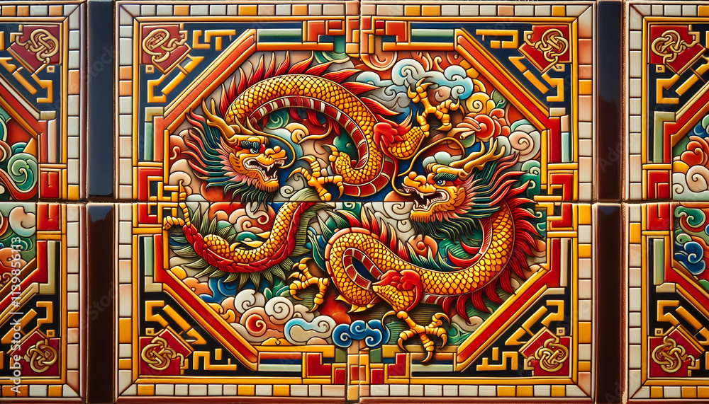 Fototapeta premium Tile Chinese tiles with geometric patterns and dragon motifs, using vibrant colors like red and gold