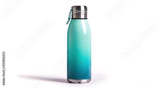 A sleek, insulated water bottle displaying a gradient effect from deep blue to light aqua, set against a minimalist white background that underscores its contemporary design and functionality for