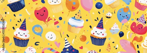 Colorful cupcakes, balloons, and confetti on yellow party background