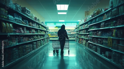 Night Shopping: A lone figure pushes a shopping cart through a supermarket's brightly lit aisles, the shelves filled with various products, creating a mysterious and atmospheric scene.