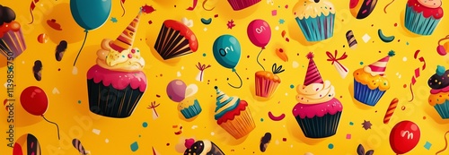 Colorful cupcakes, balloons, and confetti on yellow party background