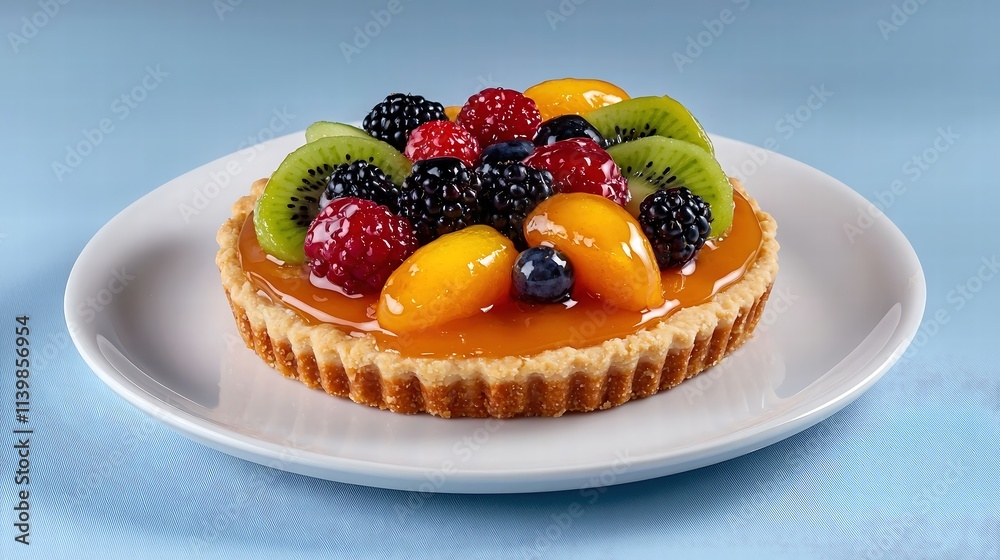 An artfully arranged fruit tart sitting elegantly on a pristine white plate, topped with a medley of fresh berries, kiwi slices, and a glossy apricot glaze. The vibrant colors of the fruits pop An artfully arranged fruit tart sitting elegantly on a pristine white plate, topped with a medley of fresh berries, kiwi slices, and a glossy apricot glaze. The vibrant colors of the fruits pop