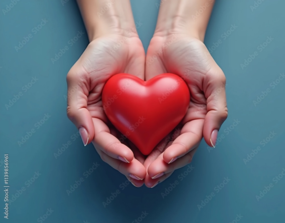 top view of hands holding red heart in concept healthcare, wellbeing, organ donation, and insurance life. World Heart Day World Health Day National Organ Donor Day. On a blue background,