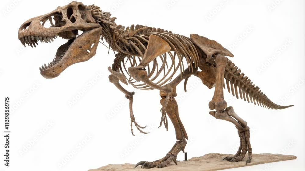 Complete Skeleton of a Tyrannosaurus rex, specifically a Tyrannosaurus rex (T. rex). The skeleton is displayed in a standing position with its mouth open, showcasing its large, sharp teeth., 4k video