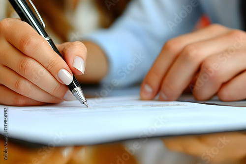 Close-up of Hands Signing Document; Contract Signing, Agreement Details, Business Transaction, Legal Proceedings, Official Paperwork, Precise Handwriting, Detailed Signature, Burea photo