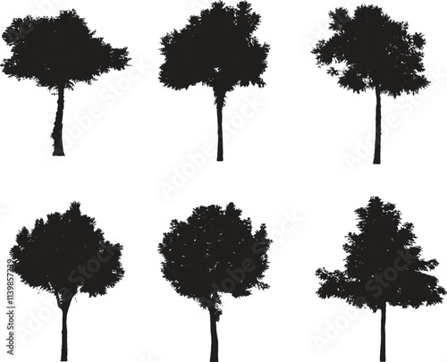 Collection Trees green leaves and some with yellow flowers. total 12 tree line drawing, symbol for architecture and landscape design drawing. Vector illustration in stroke fill in white. Tropical