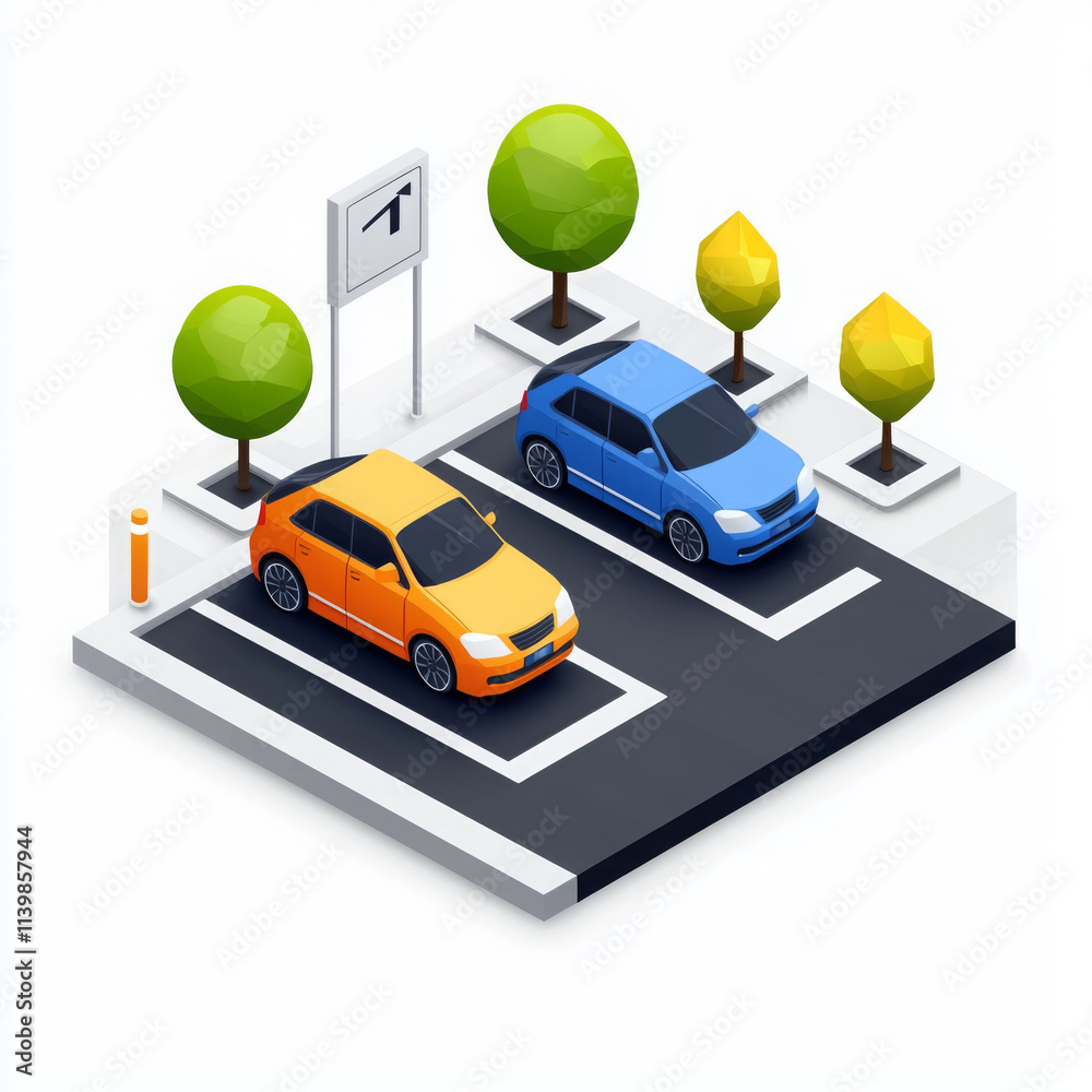Isometric car parking illustration with trees and signage