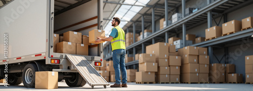 Warehouse Worker Loading Boxes into a Delivery Truck photo