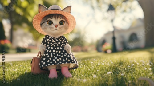 Cute cat wearing a hat and dress sitting in a park.