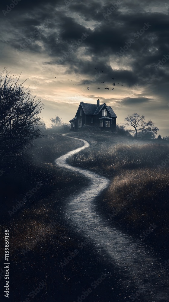 Fototapeta premium 67. A spooky landscape with a winding path leading to a haunted house