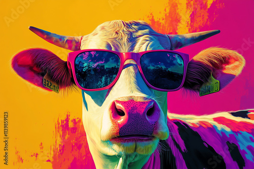 Abstract pop art cow wearing sunglasses, vibrant colors