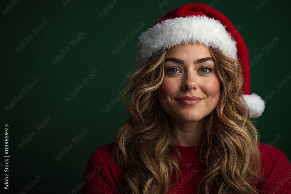 A woman wearing a red sweater and a santa hat A woman wearing a red sweater and a santa hat