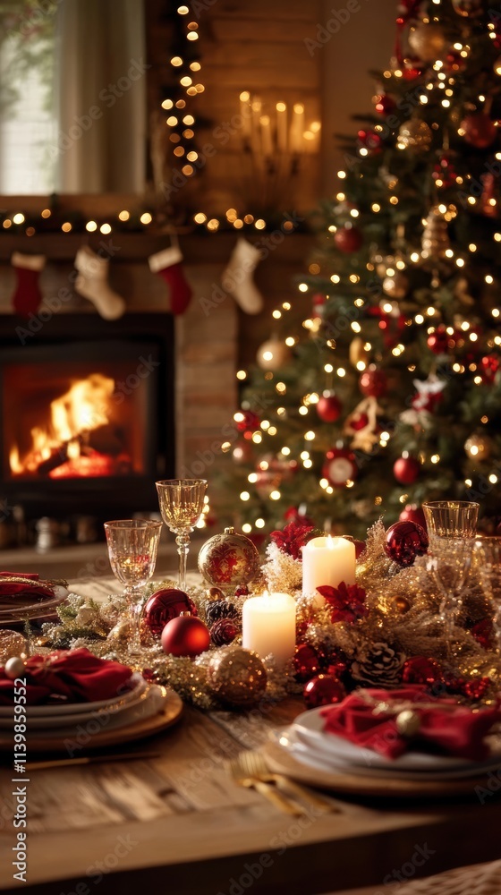 Cozy holiday table with christmas tree and fireplace decor Cozy holiday table with christmas tree and fireplace decor