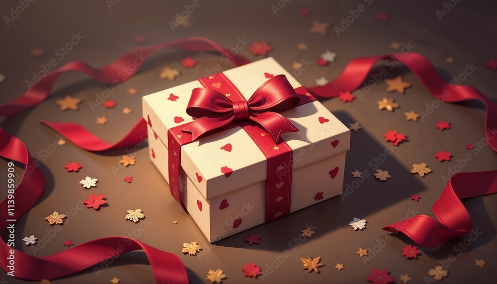 Gift box with red ribbon and heart pattern surrounded by confetti Gift box with red ribbon and heart pattern surrounded by confetti