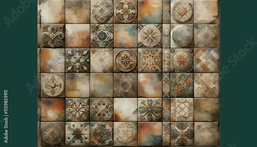 Tile A ceramic patchwork tile texture showcasing rustic earthy tones with distressed and weathered finish3 photo