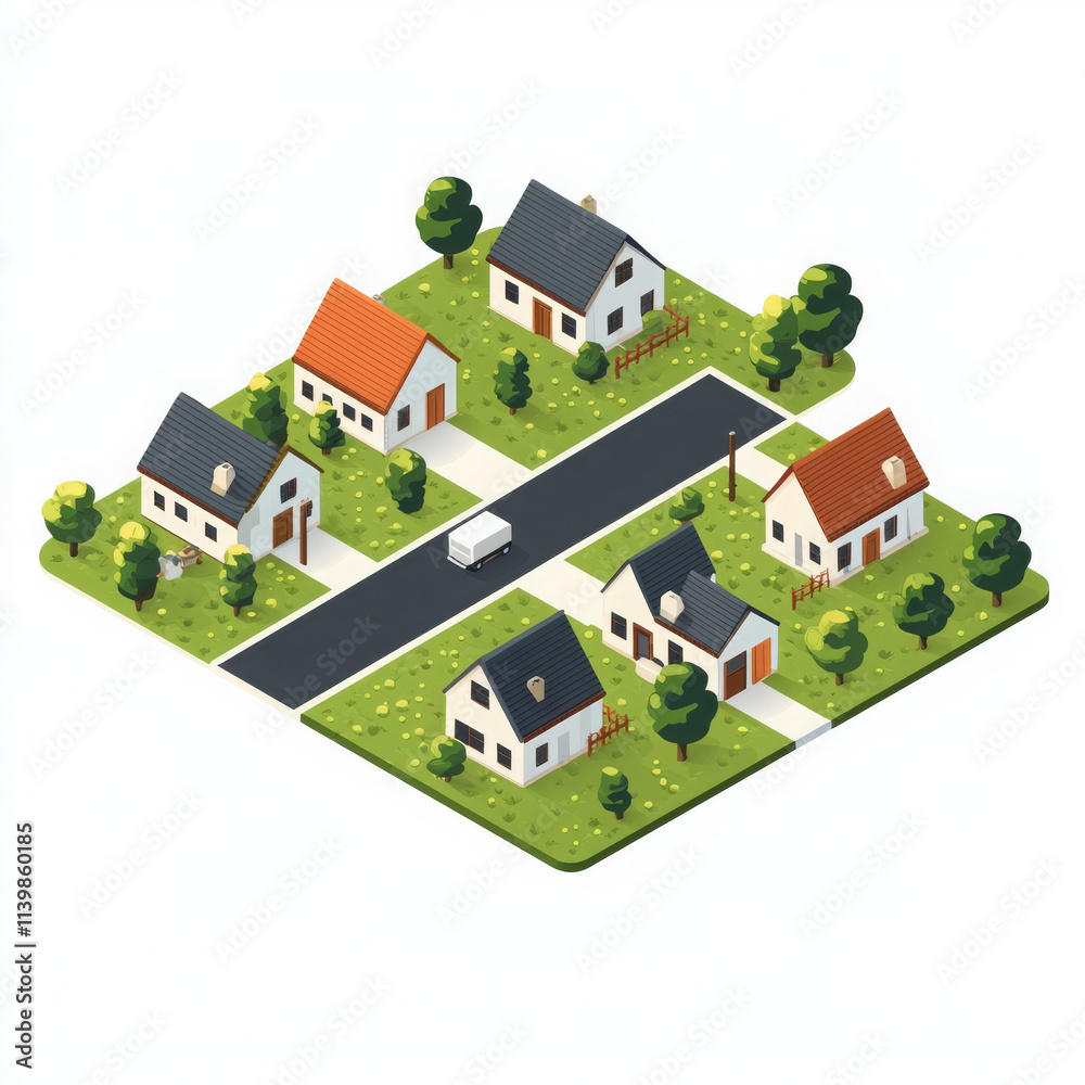 minimal isometric icon illustrating small village with houses and trees