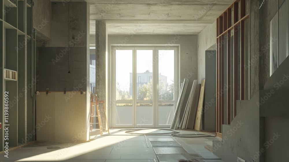 Fototapeta premium Apartment Under Construction Sunlight Through Window